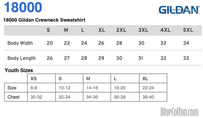 Gildan 18000 Size Chart, Crewneck Sweatshirt Sizing Chart, Gildan